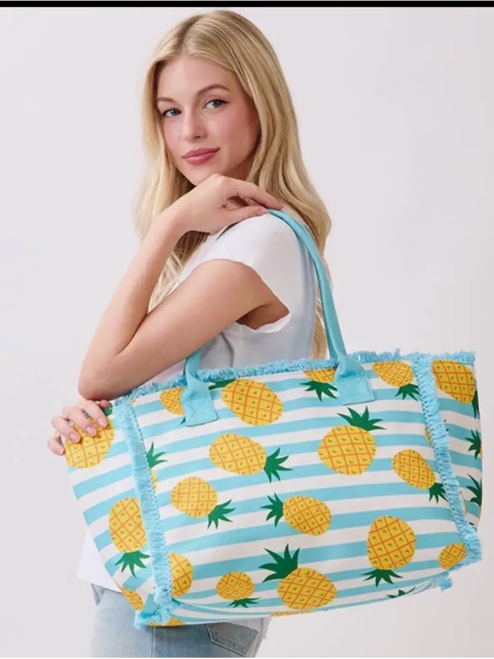 Pineapple Stripe Beach Tote Bag - Light Blue